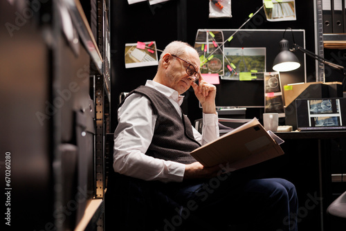 Old police officer working overtime at missing person case, analyzing crime scene evidence. Elderly private detective sitting at desk reading confidential victim files in arhive room