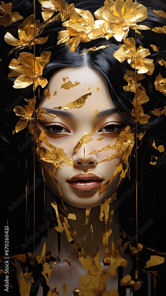 A picture of a face of a beautiful Asian girl with dark eyes, covered with a layer of golden leaves and flowers.