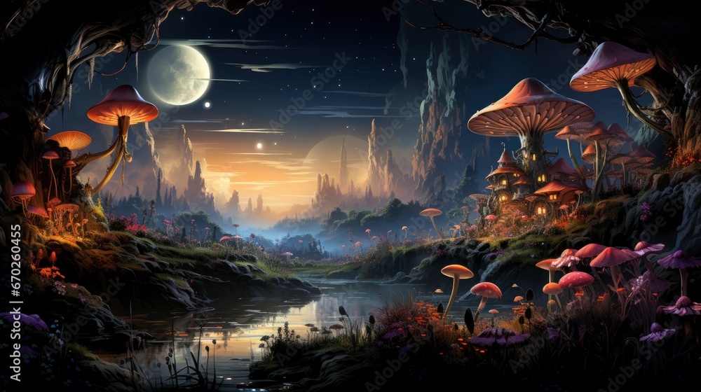 Obraz premium Mystical forest scene with illuminated mushrooms, magical castle, glowing lights, and serene pond reflections.