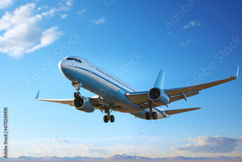 A commercial airplane taking off against a clear blue sky, capturing the Concept of international air travel. Generative Ai.