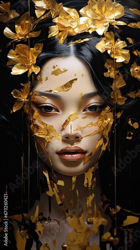 A picture of a face of a beautiful Asian girl with dark eyes  covered with a layer of golden leaves and flowers.