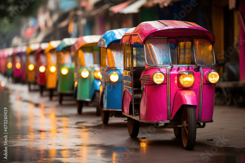 A row of colorful rickshaws waiting for passengers in a lively market, emphasizing the Concept of local transportation services. Generative Ai. photo