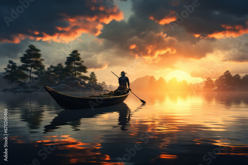 A fisherman piloting a traditional wooden boat on a serene lake at sunrise, embodying the Concept of traditional fishing practices. Generative Ai.