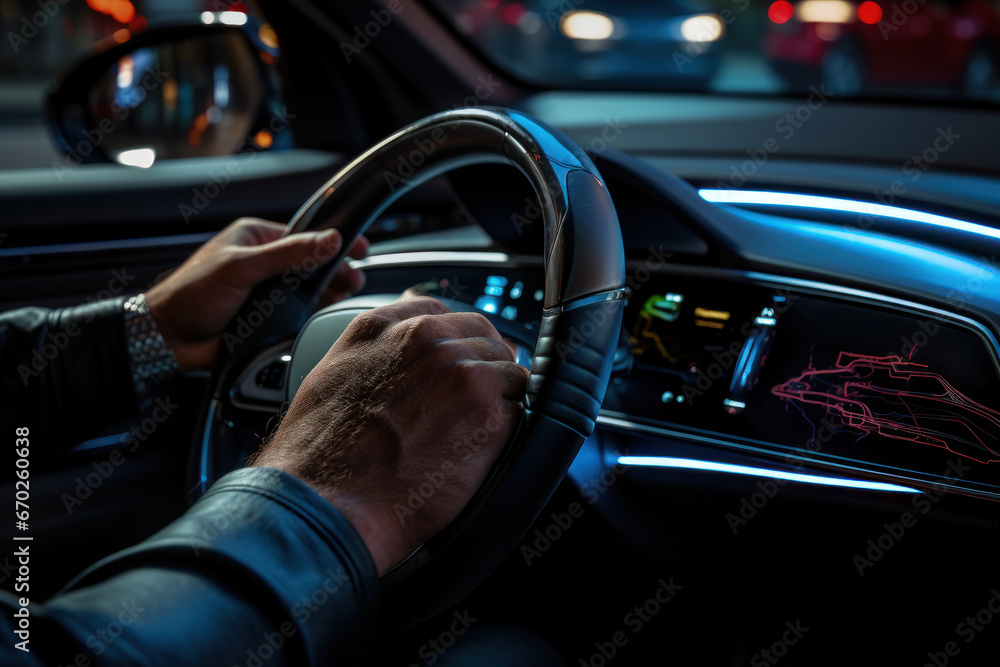 Φωτογραφία A driver's hands gripping the steering wheel of an autonomous vehicle, illustrating the Concept of self-driving technology in transportation