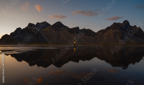 sunset over the mountain of Vestrahorn, Iceland with reflection
