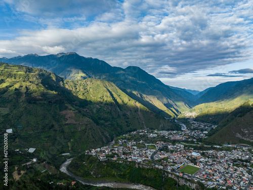 Beautiful aerial view of the Ecuadorian Andes at sunset. City of Banos.
