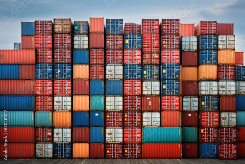 A stack of shipping containers at a bustling port, capturing the Concept of containerization and efficient global trade. Generative Ai.