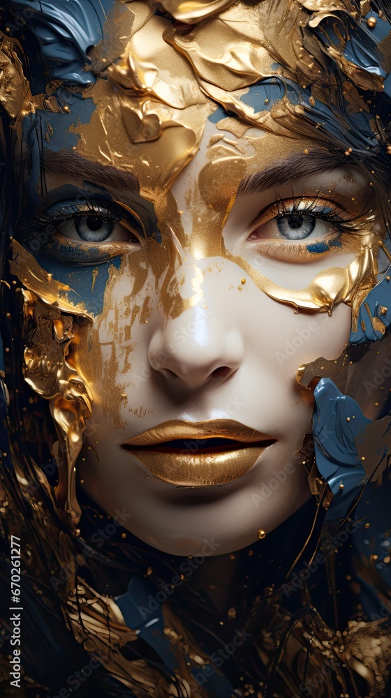 A picture of a face of a beautiful Caucasian girl with blue eyes covered with golden and blue paint.