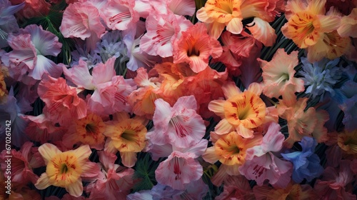 An overhead view of a Gossamer Gladiolus garden, forming a mesmerizing pattern of colors and shapes.