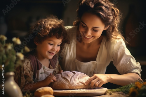 A mother and child in a kitchen, baking homemade whole-grain bread together. Concept of family nutrition and home cooking. Generative Ai. photo