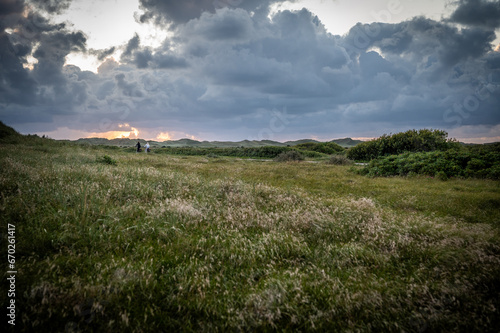 A captivating view of the undulating dune landscape in Denmark. Nature's sculpted beauty is on full display as these coastal dunes stretch along the shoreline. The interplay of sand, grass, and sky cr photo