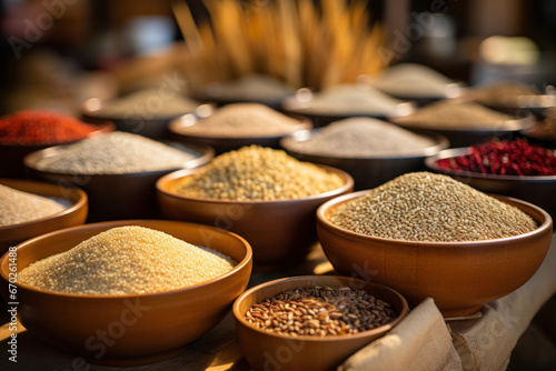 A farmer's market stall with a variety of whole grains, including quinoa and brown rice. Concept of diverse grain options. Generative Ai. photo