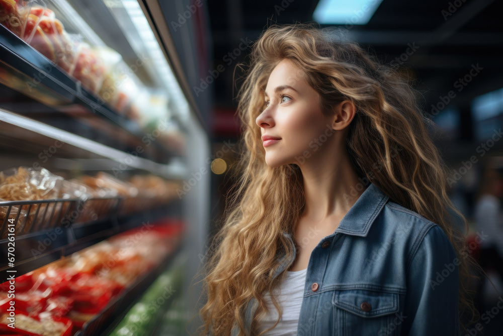 A woman shopping for groceries and selecting whole, unprocessed foods. Concept of a balanced shopping cart. Generative Ai. A woman shopping for groceries and selecting whole, unprocessed foods. Concept of a balanced shopping cart. Generative Ai.