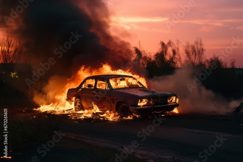 Car Burning in Sunset with Open Flames