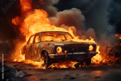 Car Burning in Sunset with Open Flames