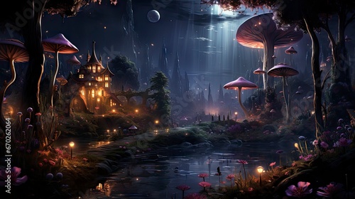 Mystical forest scene with illuminated mushrooms  magical castle  glowing lights  and serene pond reflections.