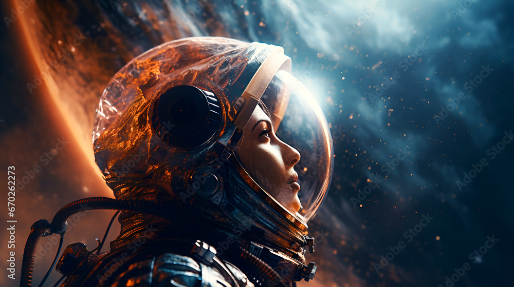 Portrait of an attractive female astronaut wearing a helmet in outer space, looking at planet Earth. Space travel and exploration concept. - obrazy, fototapety, plakaty 