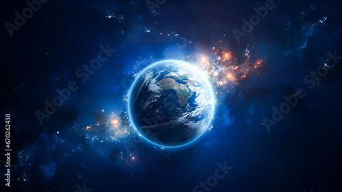 Planet Earth is completely floating on a black background of outer space with galaxies and stars in the background. Space wallpaper roster