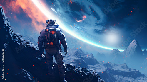 Futuristic illustration of an astronaut walking on the surface of the Moon against the backdrop of a colorful bright lunar landscape and a view of planet Earth in space with copy space