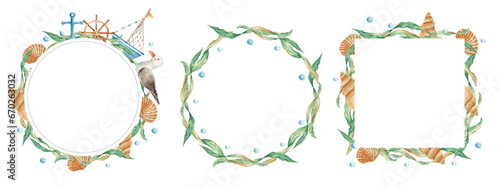 Set of sea circle and square frames. Wreaths with cute watercolor ship, boat with wooden steering wheel and nautical anchor. Seagull and seashells. Seaweeds and water bubbles. Marine design