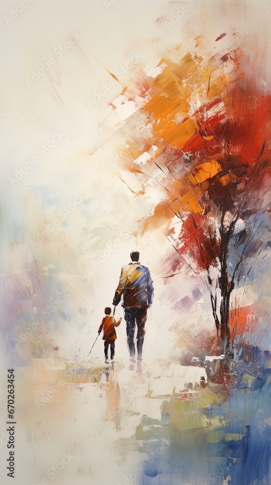 Lonely father walking hand in hand with son child. Concept illustration for divorce, death of a parent, loving father Lonely father walking hand in hand with son child. Concept illustration for divorce, death of a parent, loving father