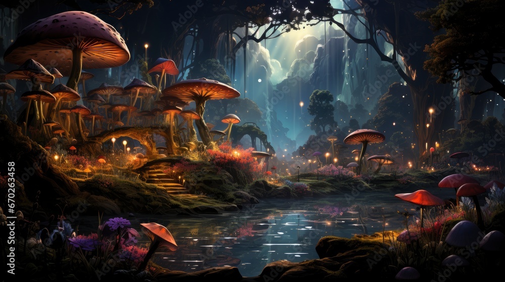 Mystical forest scene with illuminated mushrooms, magical castle, glowing lights, and serene pond reflections.