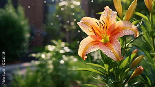 An ultra HD, high-detailed image of a Diamond Daylily against a lush green garden backdrop in