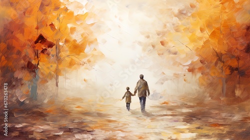 Lonely father walking hand in hand with son child. Concept illustration for divorce, death of a parent, loving father © W&S Stock