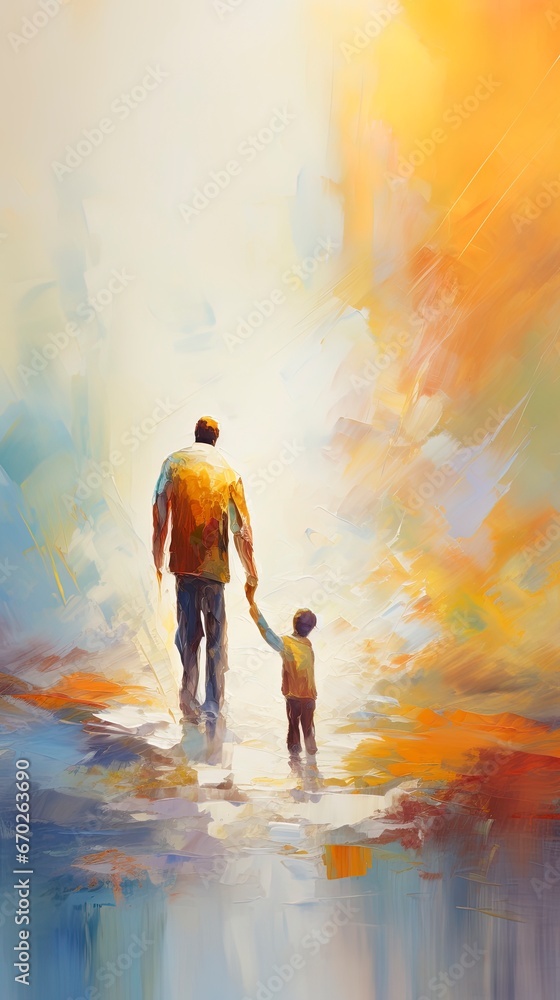 Obraz premium Lonely father walking hand in hand with son child. Concept illustration for divorce, death of a parent, loving father