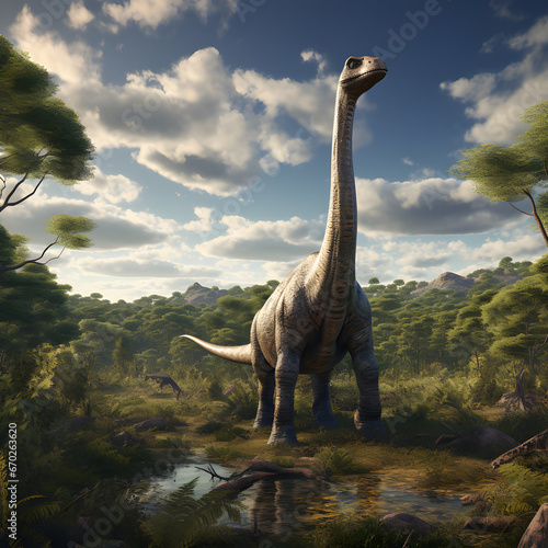 Prehistoric Majesty: A Long-Necked Dinosaur Roaming the Ancient Landscapes © Ianimeinfo.com