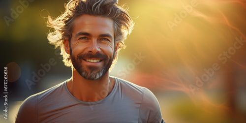portrait of handsome adult man who doing sport outdoor. healthy lifestyle