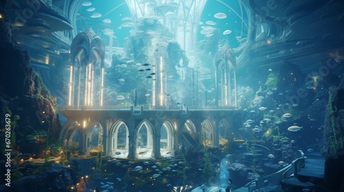 An underwater city of the future, with glass-domed buildings and illuminated aquatic life.