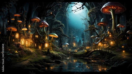 Mystical forest scene with illuminated mushrooms, magical castle, glowing lights, and serene pond reflections.