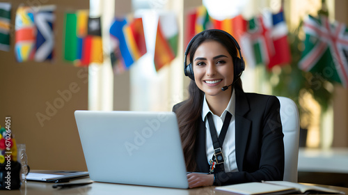 Beautiful smiling multilingual female interpreter wearing a headset with microphone, sitting at her desk with a laptop, international flags behind her