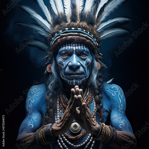 Indian chief tribal leader isolated on blue background. Generative AI image illustration. American native concept