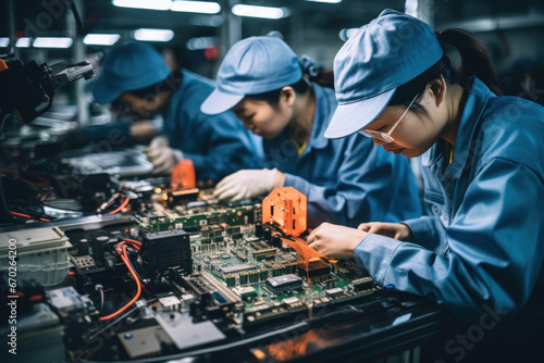 Workers assembling electronic components in a high-tech factory, highlighting the complexity of global supply chains in the tech industry. Generative Ai.