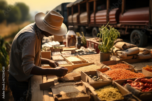 A farmer exporting agricultural products to international markets, showcasing the role of agriculture in global value chains. Generative Ai.