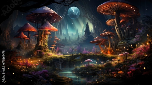 Mystical forest scene with illuminated mushrooms, magical castle, glowing lights, and serene pond reflections. © Juan