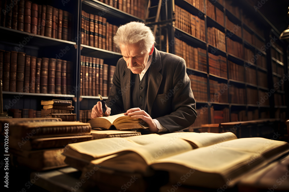 Lawyer examining thick law books in a grand old library the weight of legal history palpable. - obrazy, fototapety, plakaty 