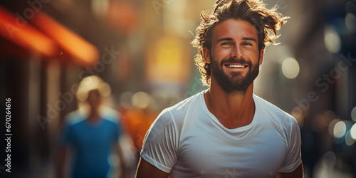 portrait of happy handsome sportsman who running outdoors. healthy lifestyle