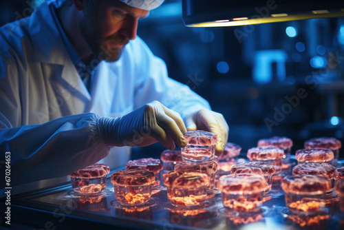 A lab technician performing quality control on cultured meat products, ensuring safety and taste. Concept of cellular agriculture and future food. Generative Ai. photo