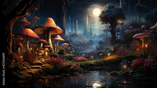 Mystical forest scene with illuminated mushrooms, magical castle, glowing lights, and serene pond reflections.