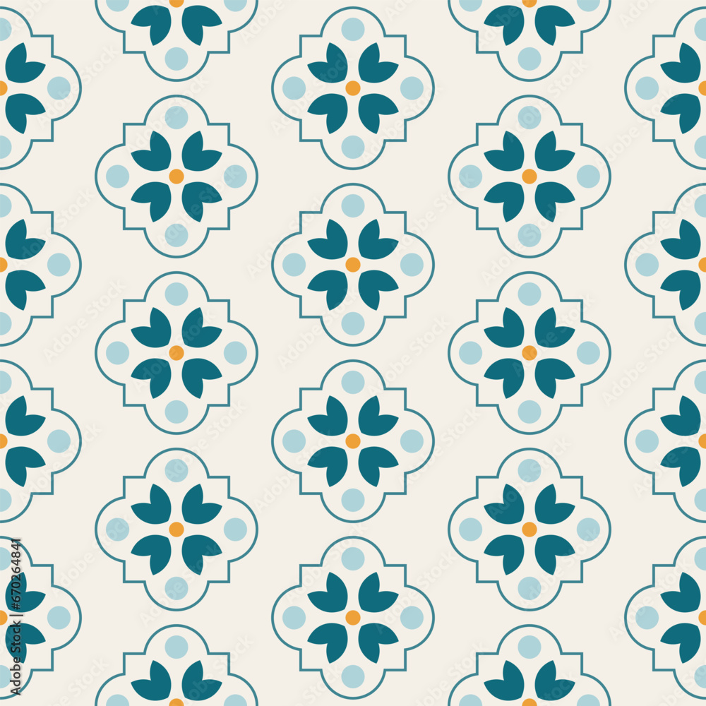 Fototapeta premium Arabic geometric mosaic printable seamless pattern with abstract Moroccan print in blue and orange colors. Ramadan Kareem Traditional Islamic art Illustration background