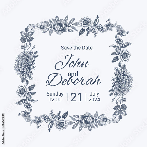 Botanical blue wedding frame or wreath on white background. Hand drawn floral, flower, leaf branch in toile de jouy style. Line art for wedding, monogram, invitation, greeting, logo, birthday cards