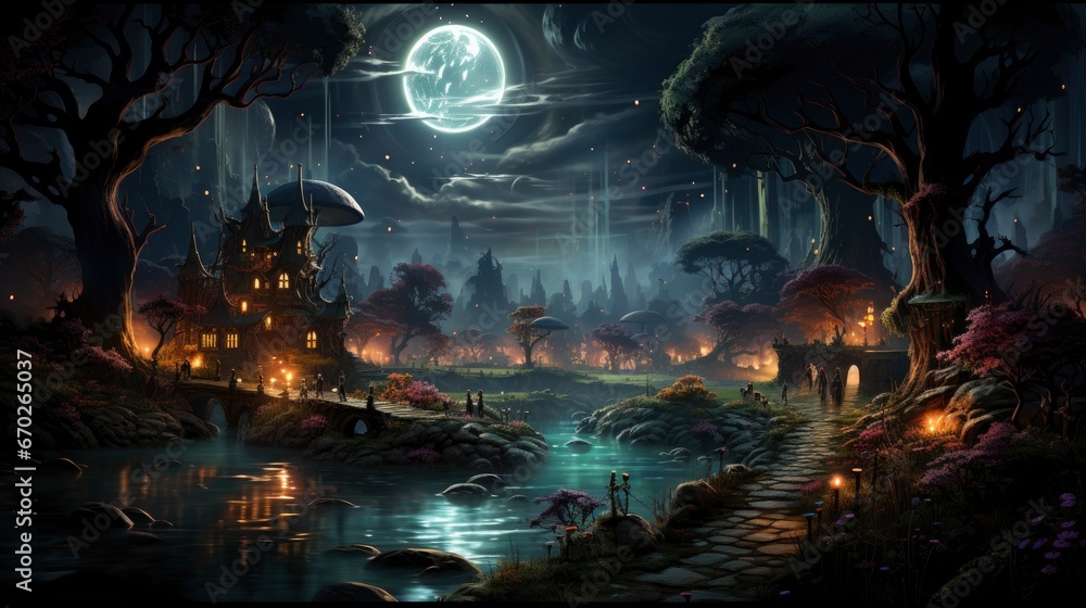 Fototapeta premium Mystical forest scene with illuminated mushrooms, magical castle, glowing lights, and serene pond reflections.