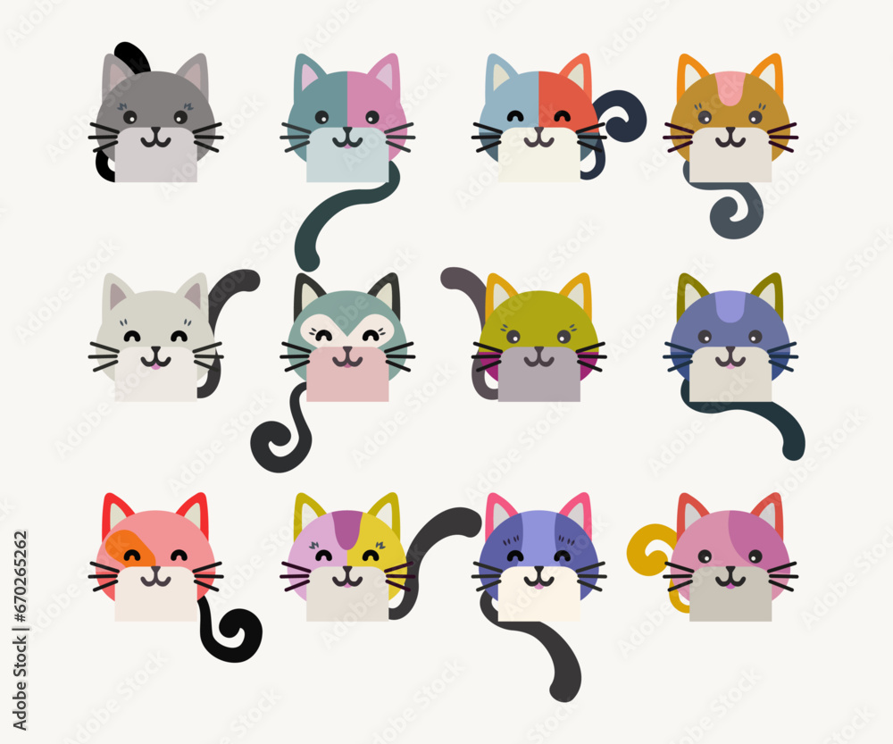 Set of funny cat heads in vibrant colors