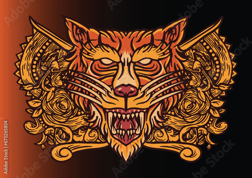 Aggressive wild demon beast head in colorful style vector illustration