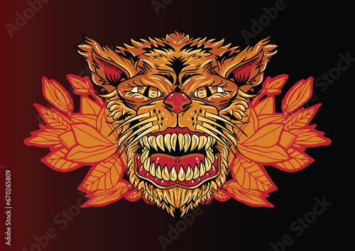 Aggressive wild demon beast head in colorful style vector illustration