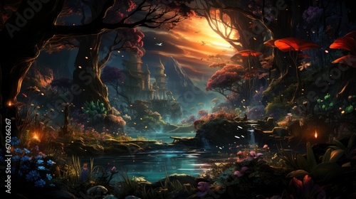 Mystical forest scene with illuminated mushrooms, magical castle, glowing lights, and serene pond reflections.