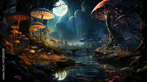Mystical forest scene with illuminated mushrooms, magical castle, glowing lights, and serene pond reflections. © Juan